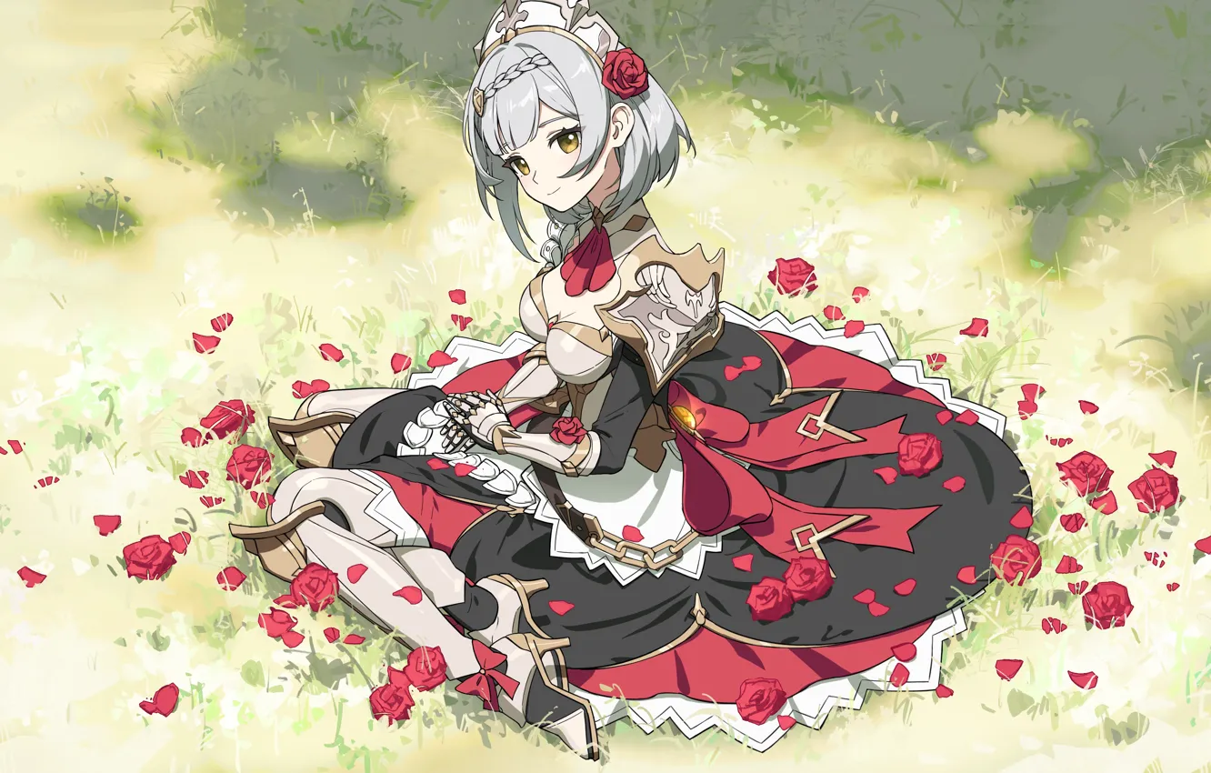 Photo wallpaper grass, girl, roses, Noelle, Genshin Impact