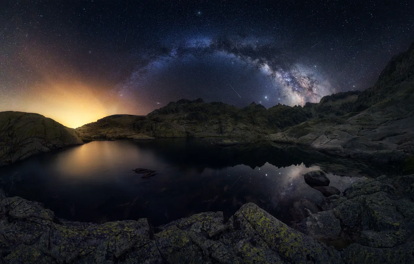 Photo wallpaper mountains, lake, reflection, meteor, The Milky Way, mountains, lake, reflection