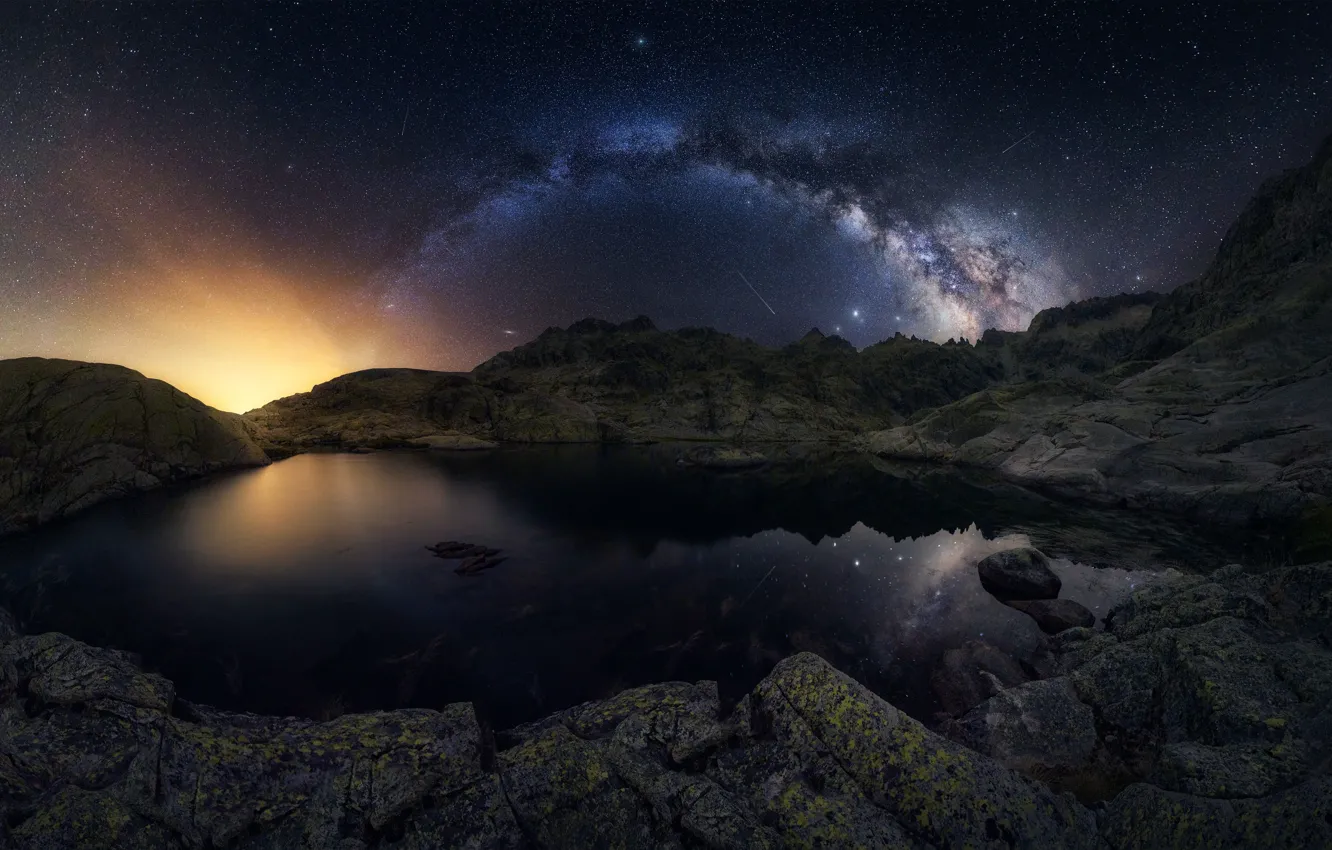 Photo wallpaper mountains, lake, reflection, meteor, the milky way, mountains, lake, Milky Way