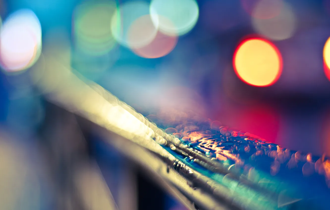Photo wallpaper water, drops, macro, light, the city, lights, glare, rain