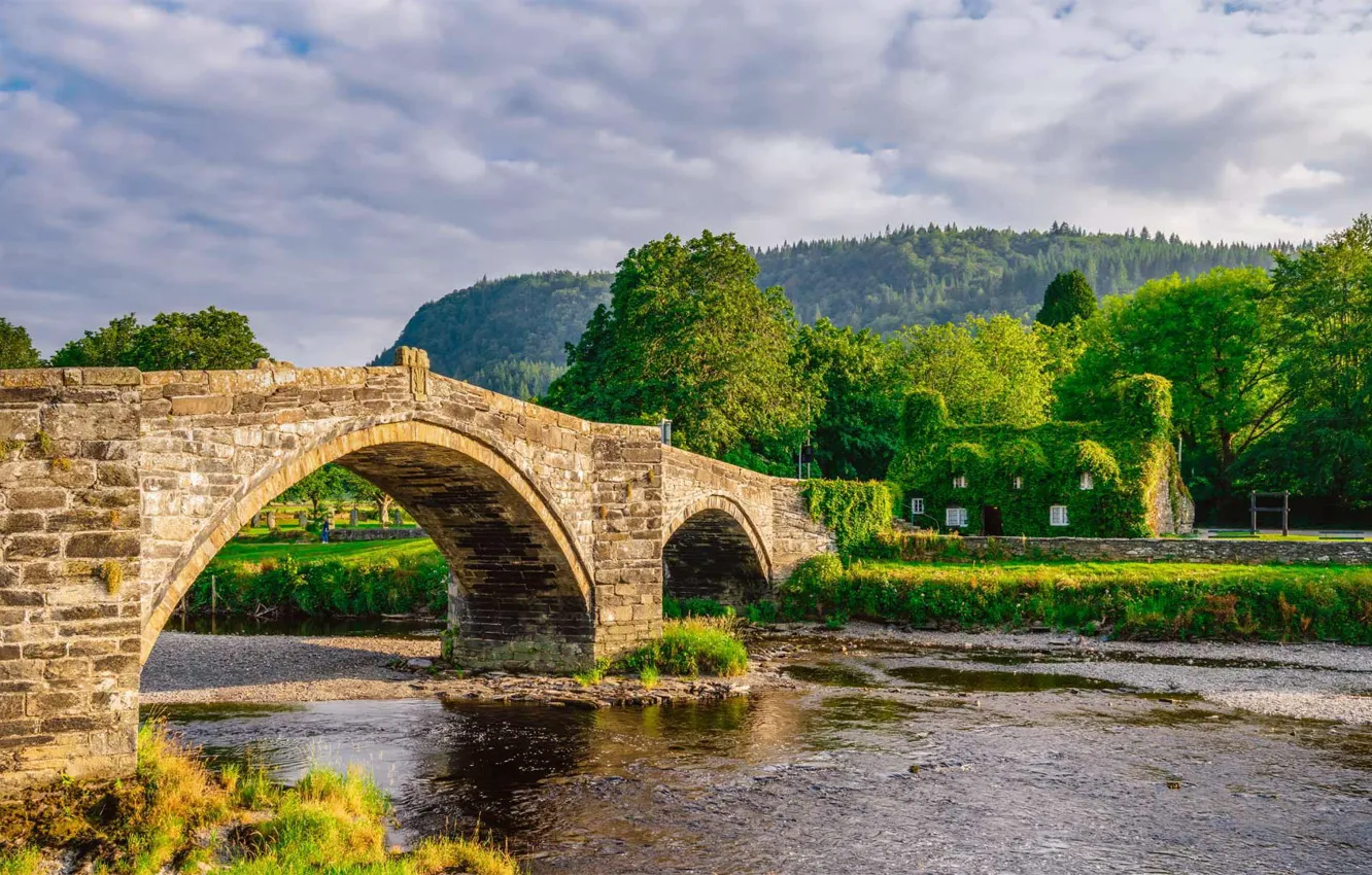 Photo wallpaper landscape, bridge, nature, river, UK, North Wales, Pont Fawr