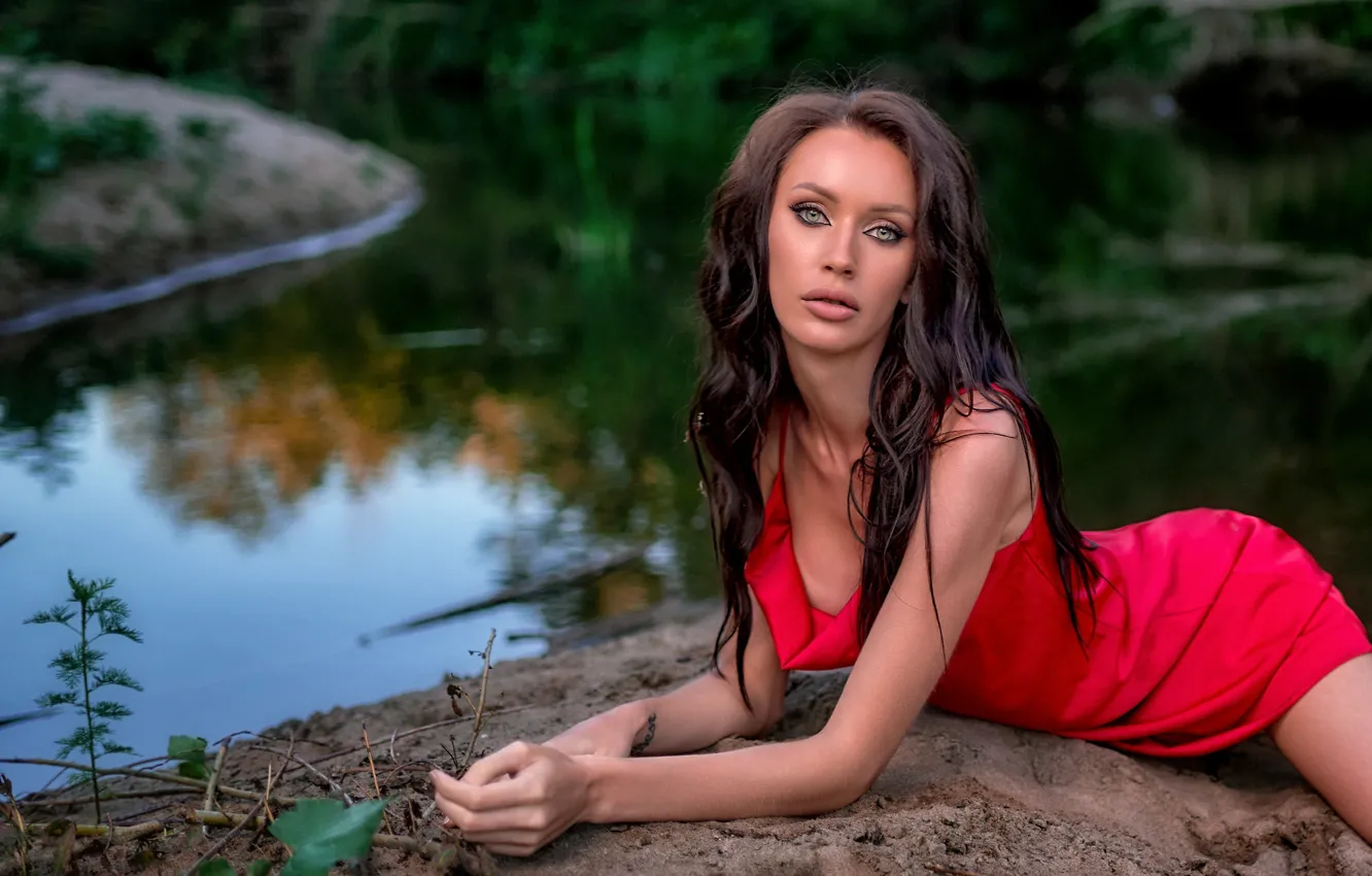 Photo wallpaper look, girl, nature, face, pose, river, hands, brunette
