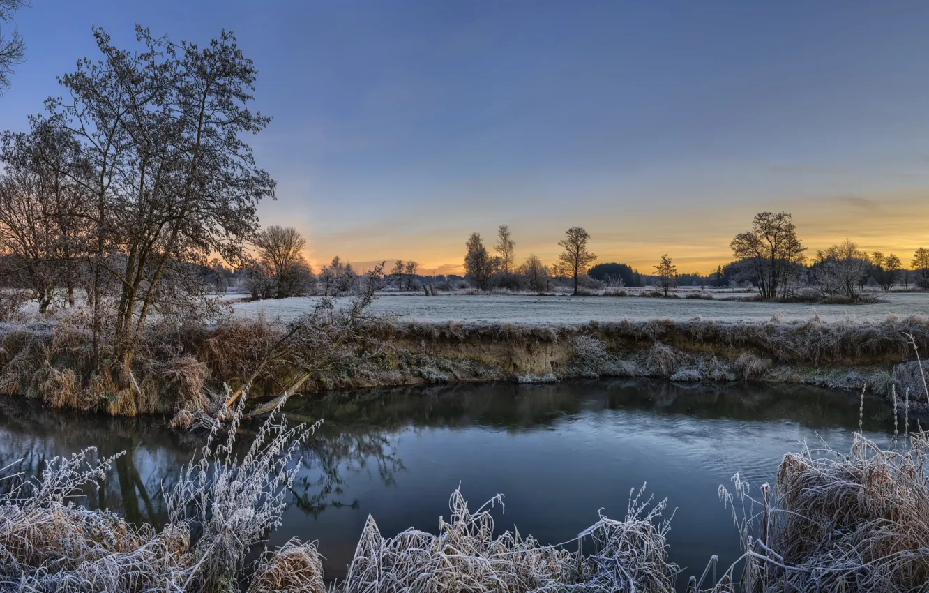 Photo wallpaper frost, sunset, river