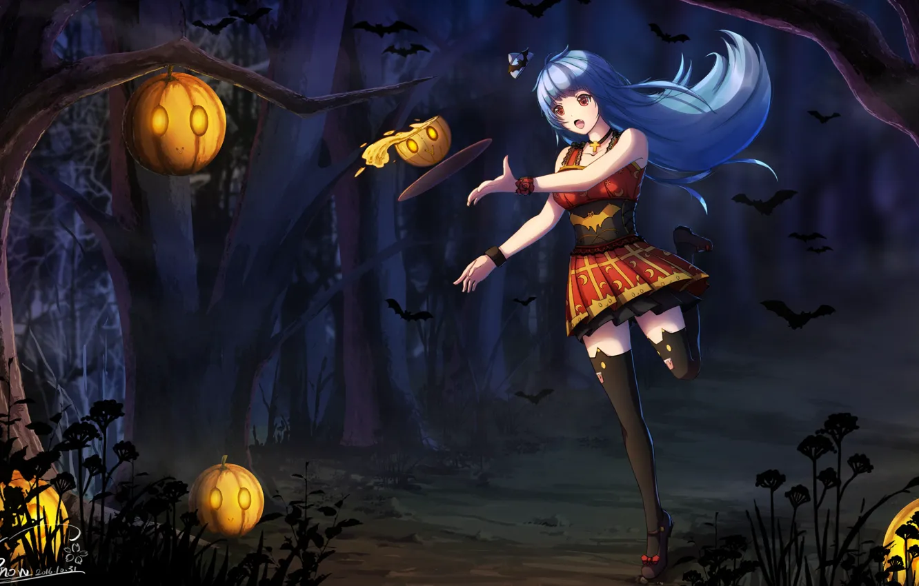 Photo wallpaper girl, anime, art, pumpkin, Halloween, zhanjian shaonu