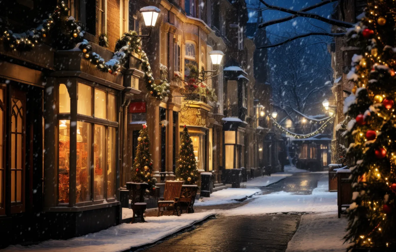 Photo wallpaper winter, snow, decoration, night, the city, lights, street, tree