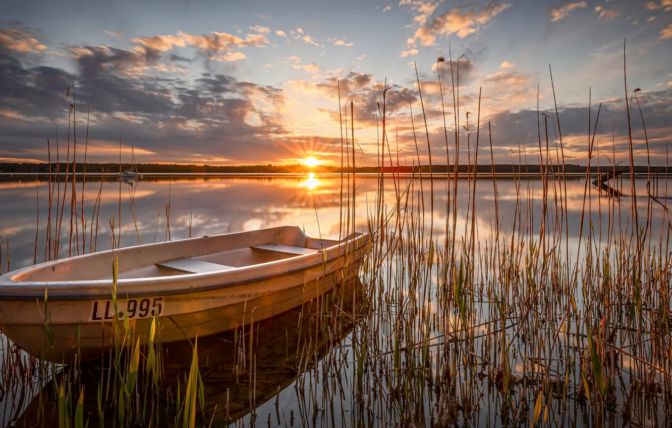 Photo wallpaper sunset, lake, boat, Germany, Bayern, reed, Germany, Bavaria