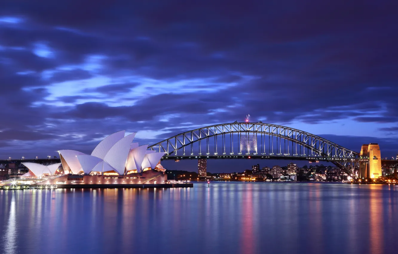 Photo wallpaper sea, the sky, blue, clouds, bridge, lights, the evening, lighting