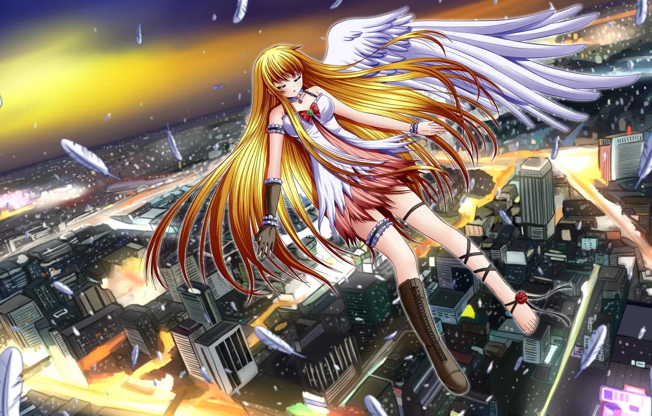 Photo wallpaper girl, the city, wings, angel, feathers, art, in the sky, rosette