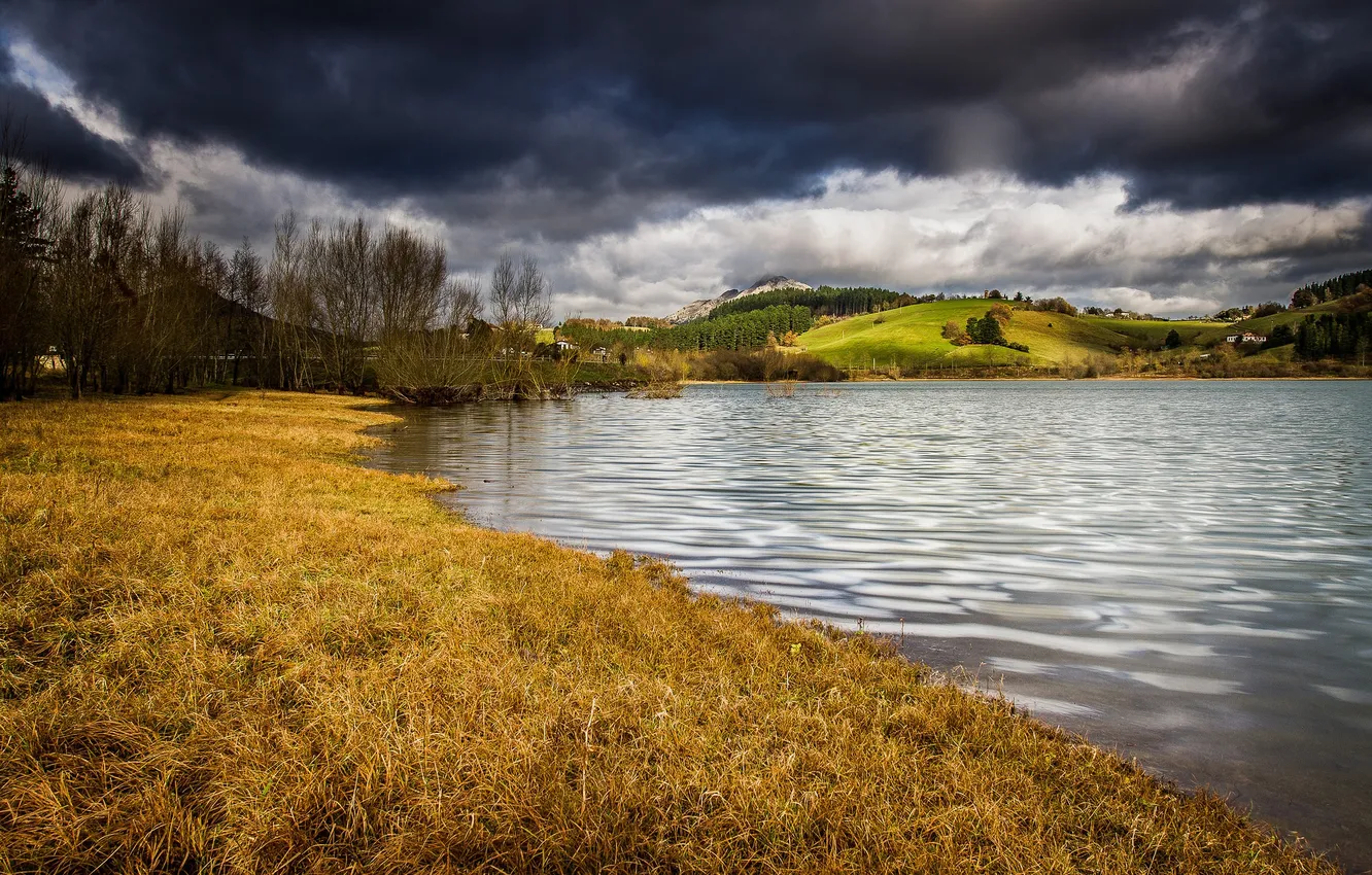 Photo wallpaper autumn, the sky, trees, mountains, clouds, lake, hills, home