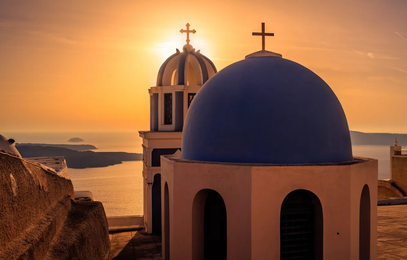 Photo wallpaper sea, sunset, the city, view, Santorini, Greece, Church, the dome