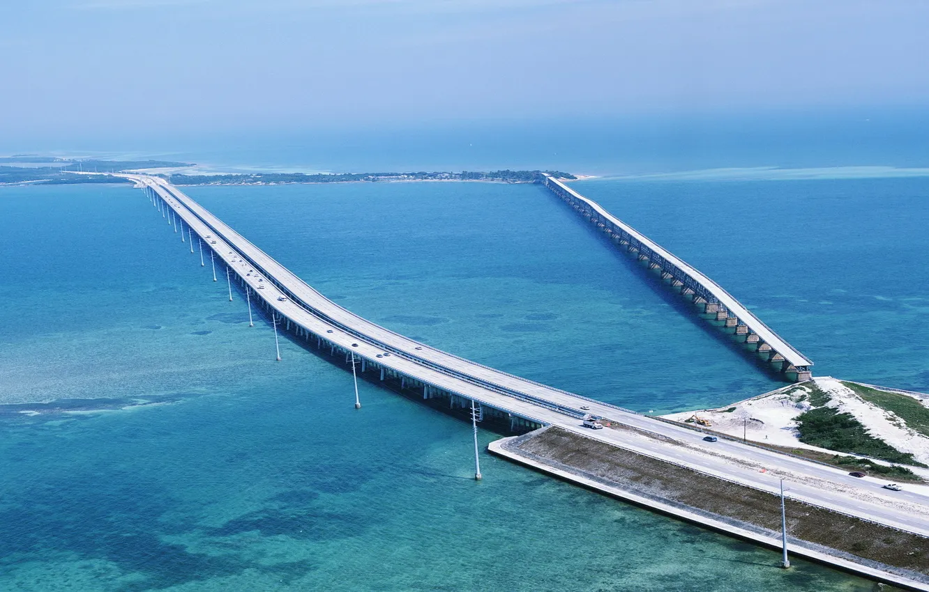 Photo wallpaper road, machine, the sky, bridge, the ocean, transport, posts, island