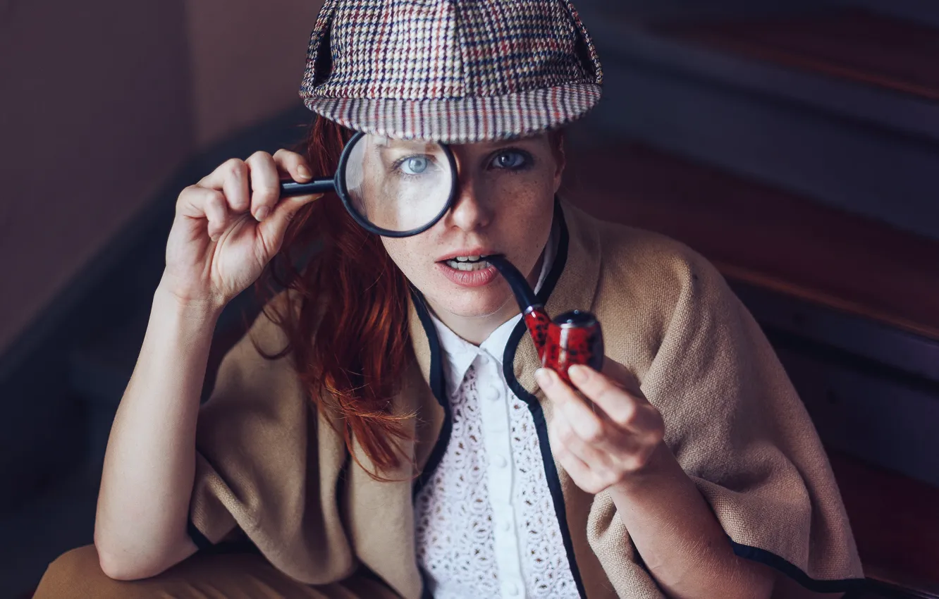Photo wallpaper girl, style, tube, magnifier, Sherlock Holmes