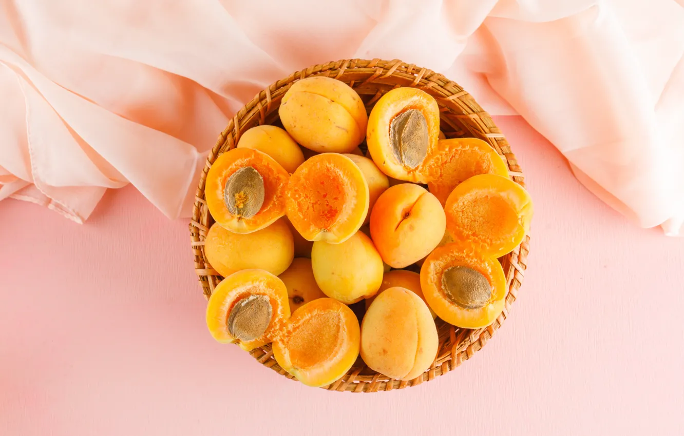 Photo wallpaper bone, fabric, bowl, fruit, pink background, network, halves, composition