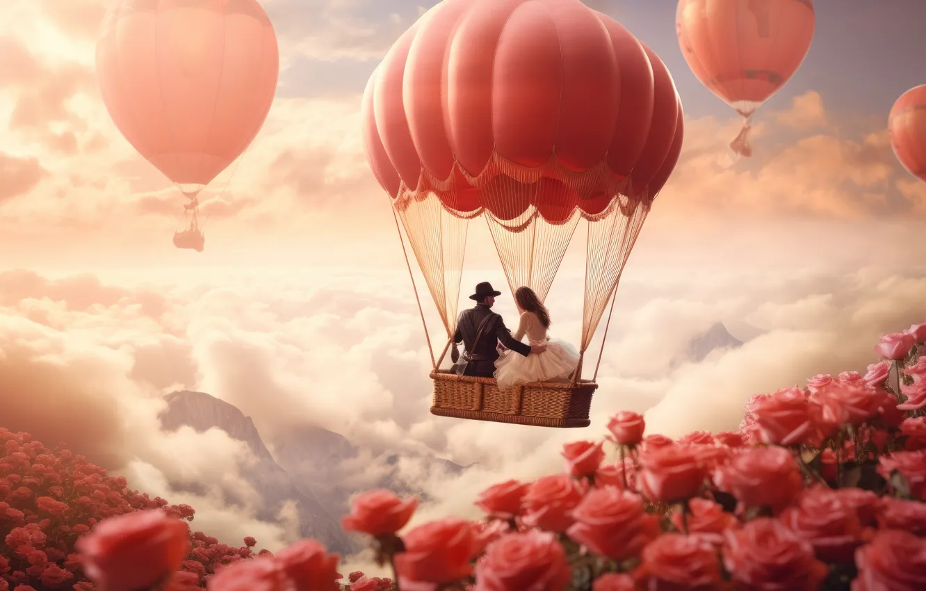 Photo wallpaper summer, the sky, girl, clouds, love, flowers, fog, balloon