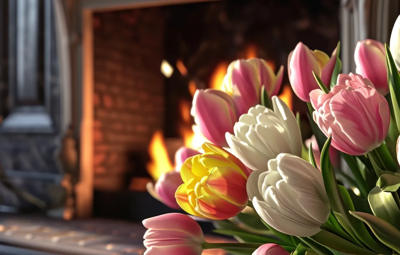 Photo wallpaper flowers, holiday, bouquet, spring, tulips, March 8, AI art, universal holiday background