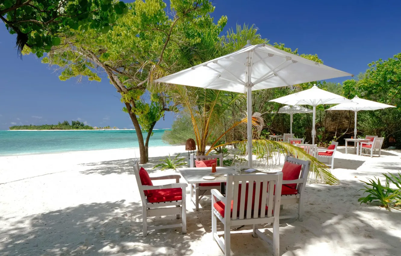 Photo wallpaper beach, palm trees, the ocean, restaurant, The Maldives, Maldives, Kanuhura, drift restaurant
