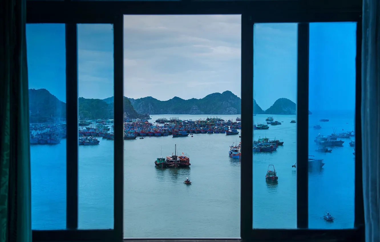 Photo wallpaper mountains, boat, ship, island, window, Bay, Vietnam, Cat BA island