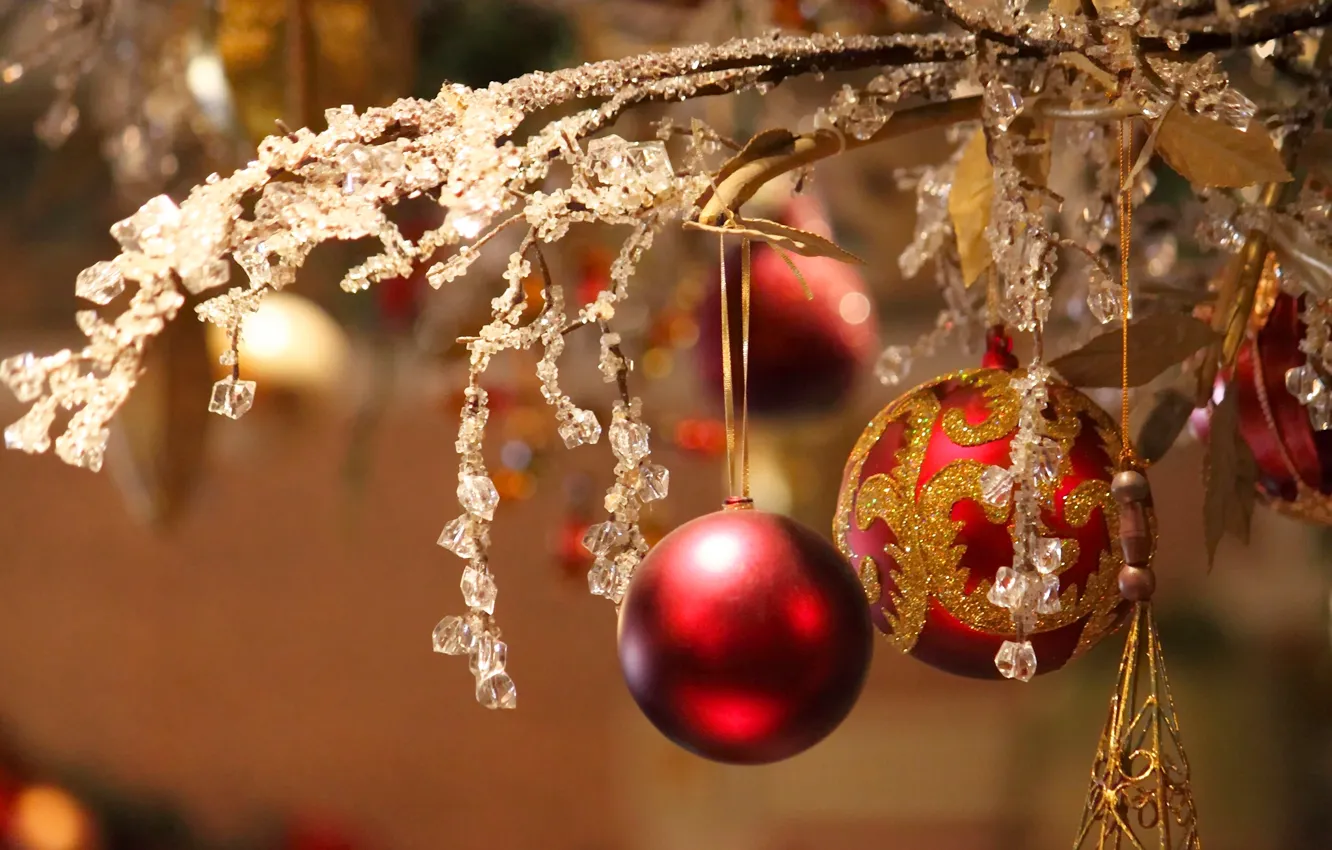 Photo wallpaper branches, balls, Christmas, New year, New Year, decoration