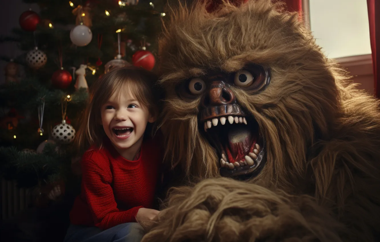 Photo wallpaper Monster, Smile, Christmas, Girl, New year, Joy, Digital art, Supernatural beings