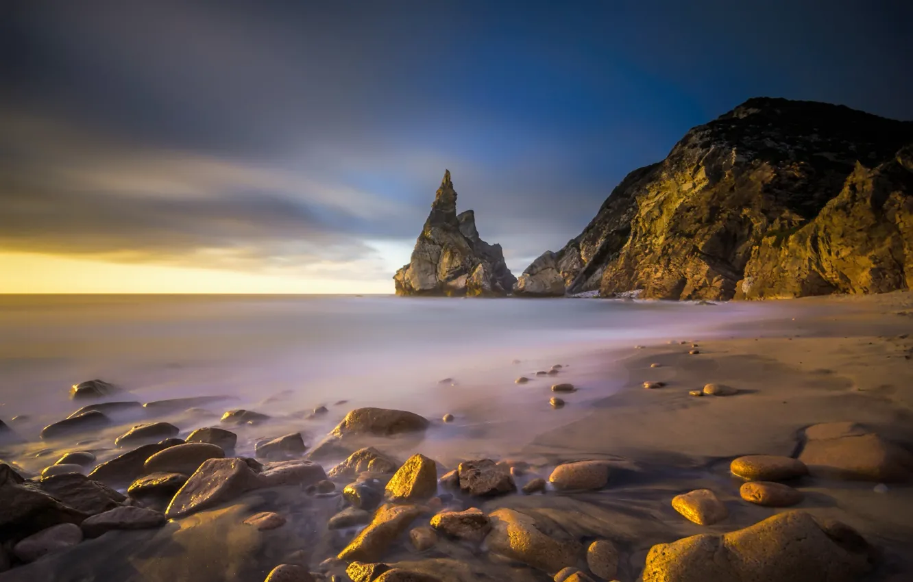 Photo wallpaper nature, the ocean, rocks, dawn, coast