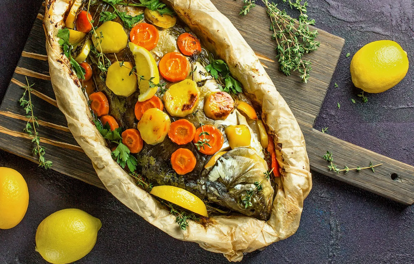 Photo wallpaper lemon, fish, carrots, potatoes, baked