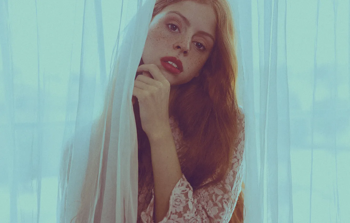 Photo wallpaper look, freckles, red, redhead, long hair, tulle