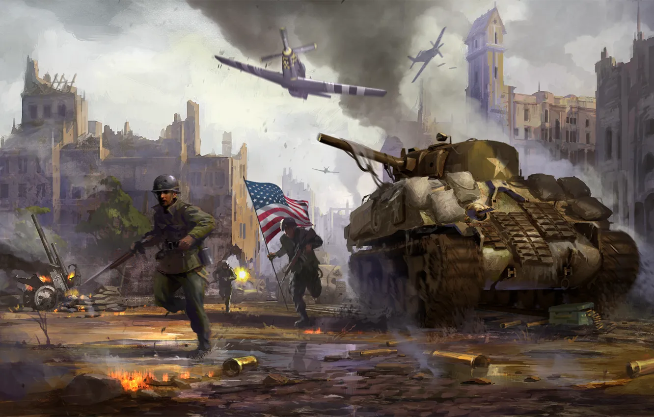 Photo wallpaper the city, weapons, war, smoke, battle, flag, soldiers, destruction