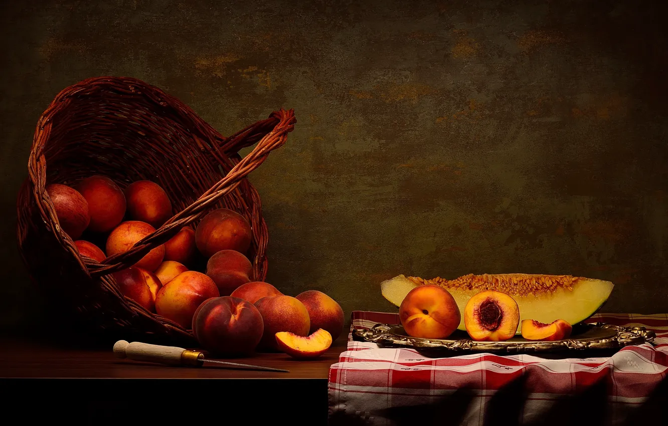 Photo wallpaper the dark background, table, basket, peaches, towel, melon, tray, still life