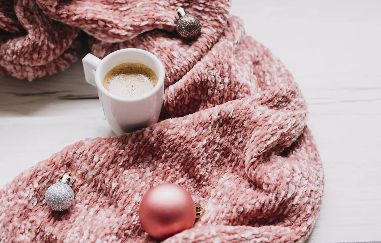 Photo wallpaper decoration, balls, new year, scarf, Christmas, Christmas, balls, cup