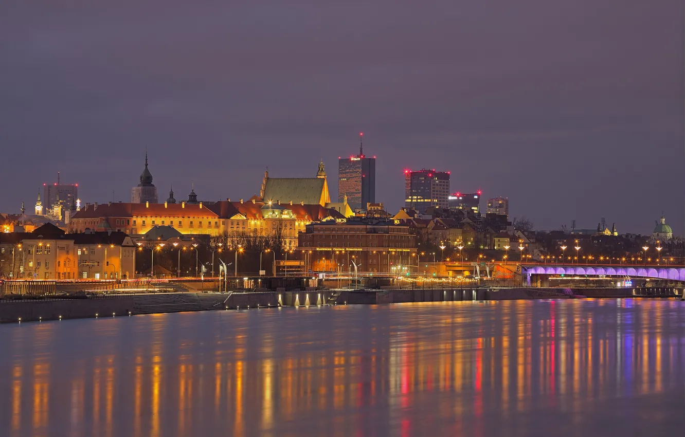 Photo wallpaper lights, river, Poland, Warsaw, panorama