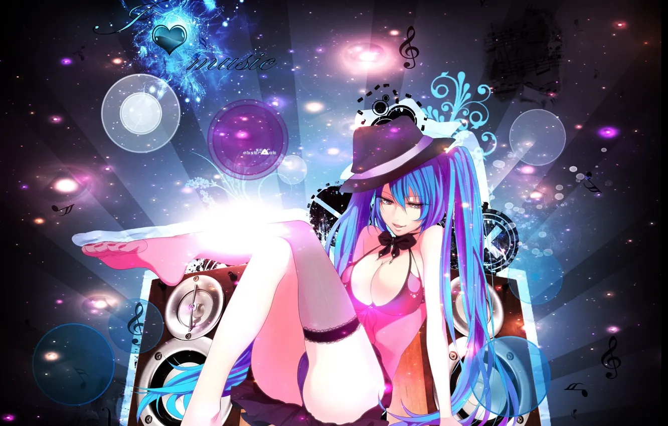 Photo wallpaper circles, lights, notes, hat, speakers, vocaloid, Hatsune Miku, treble clef