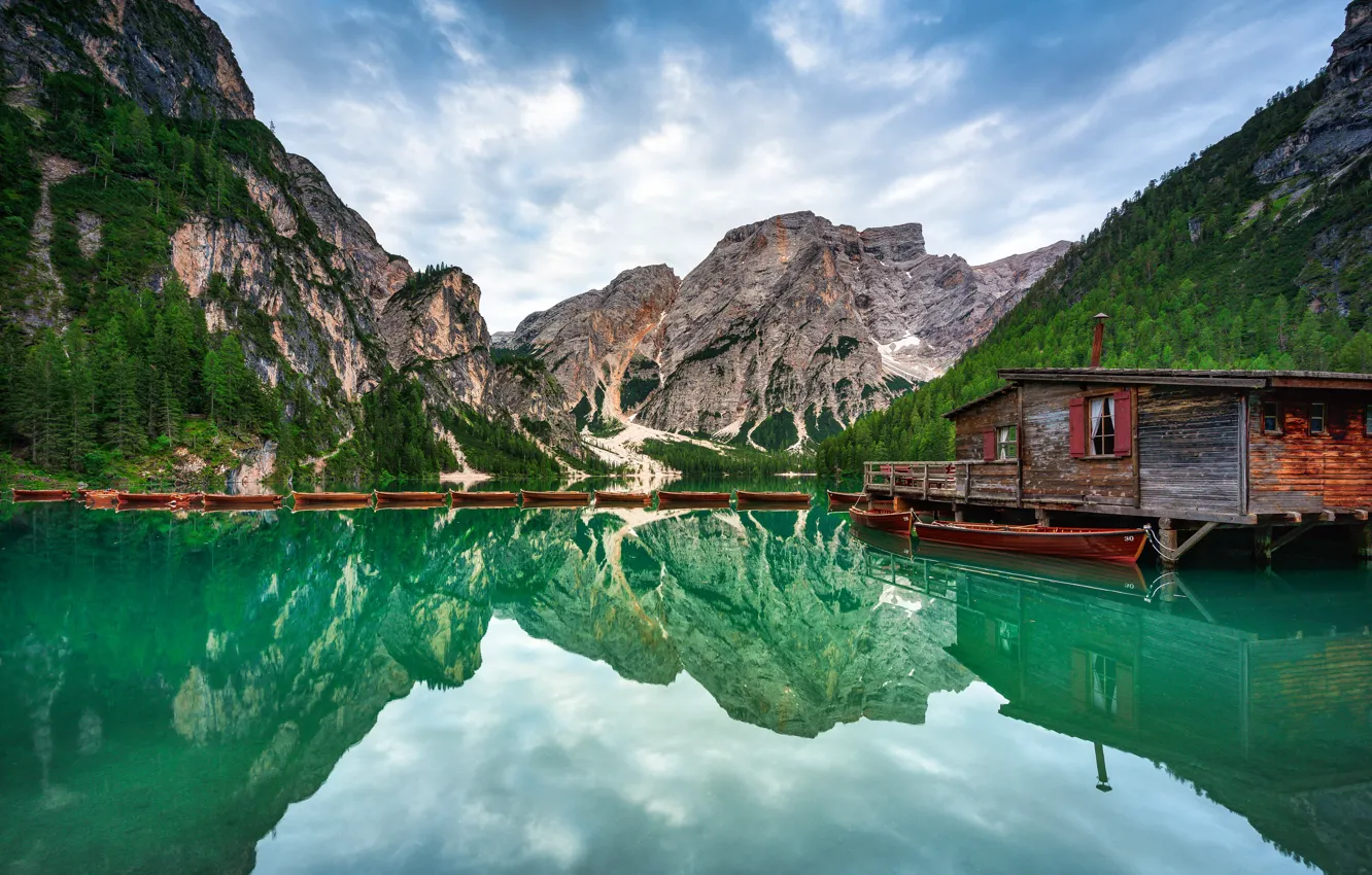 Photo wallpaper forest, mountains, lake, reflection, rocks, boat, Alps, house
