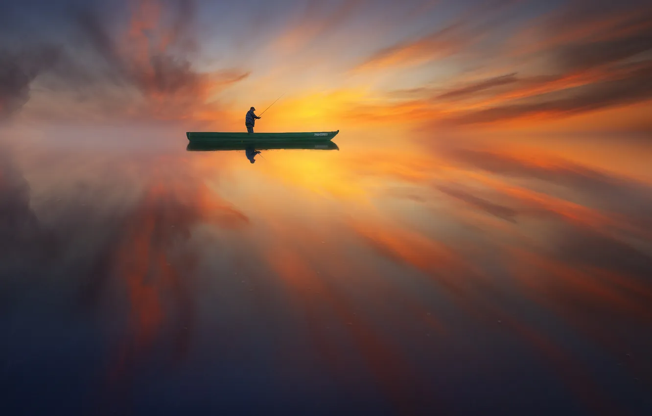 Photo wallpaper sunset, dawn, boat, Anton Shvain