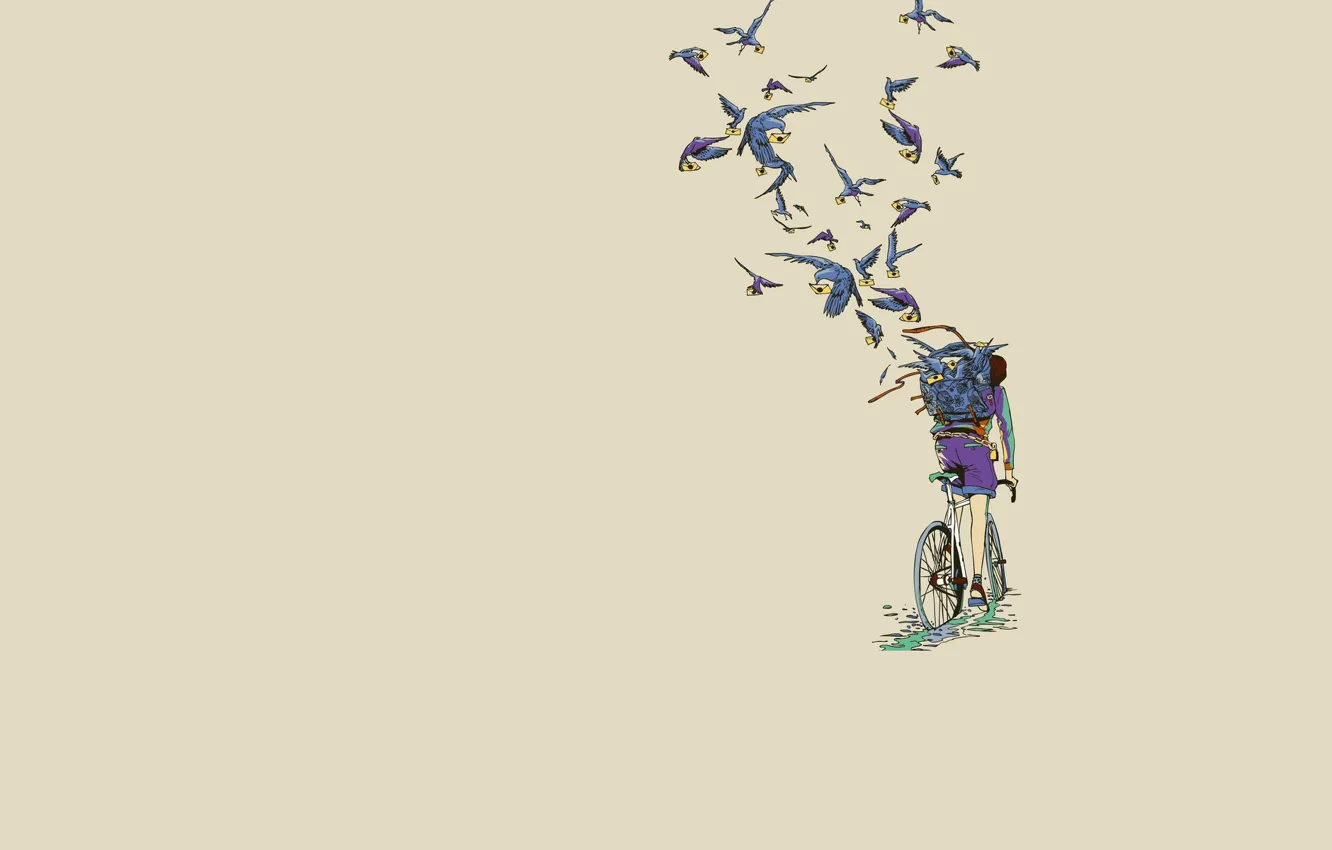 Photo wallpaper bike, minimalism, pigeons, the postman, Art, letters, messages