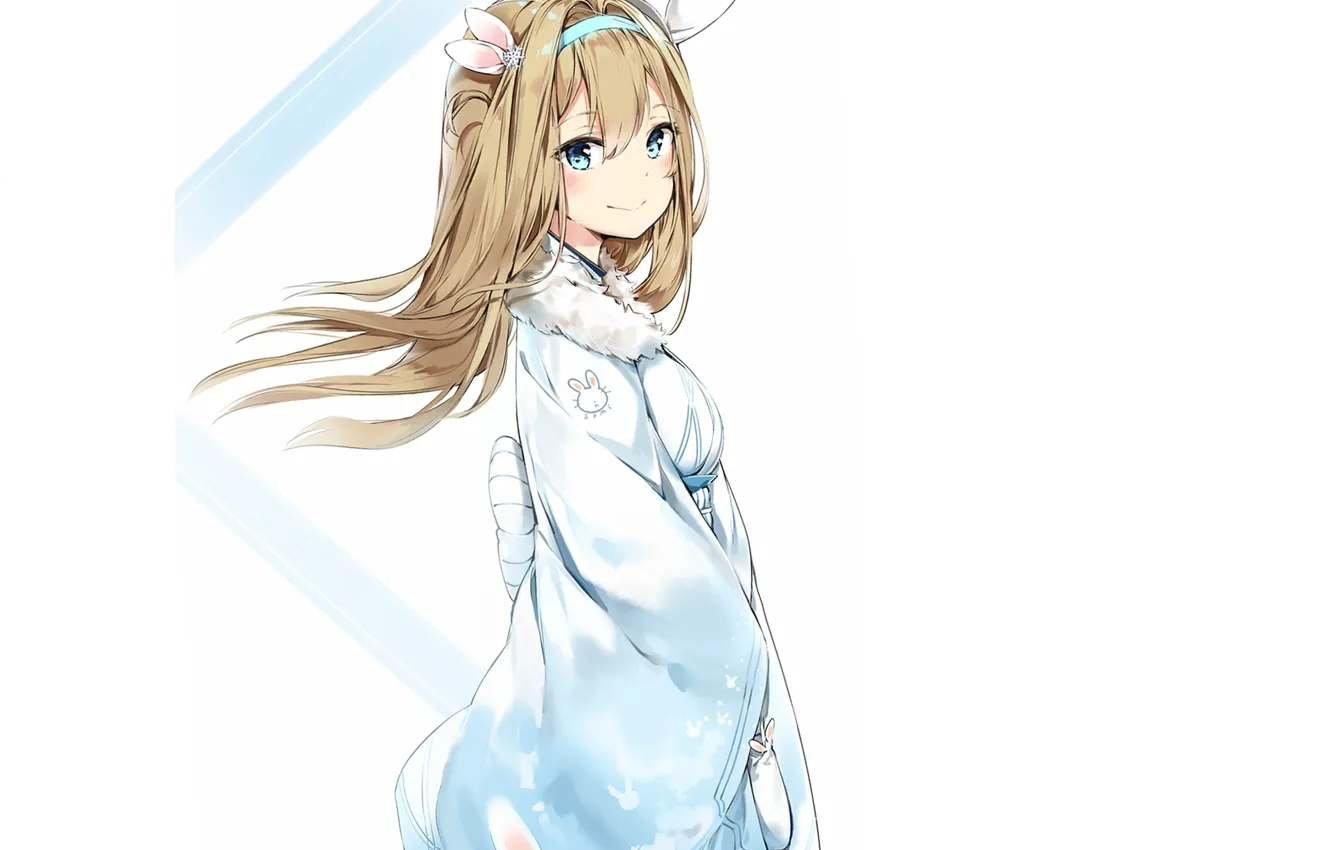 Photo wallpaper smile, girl, white background, kimono, blue eyes, art, bezel, Bunny ears