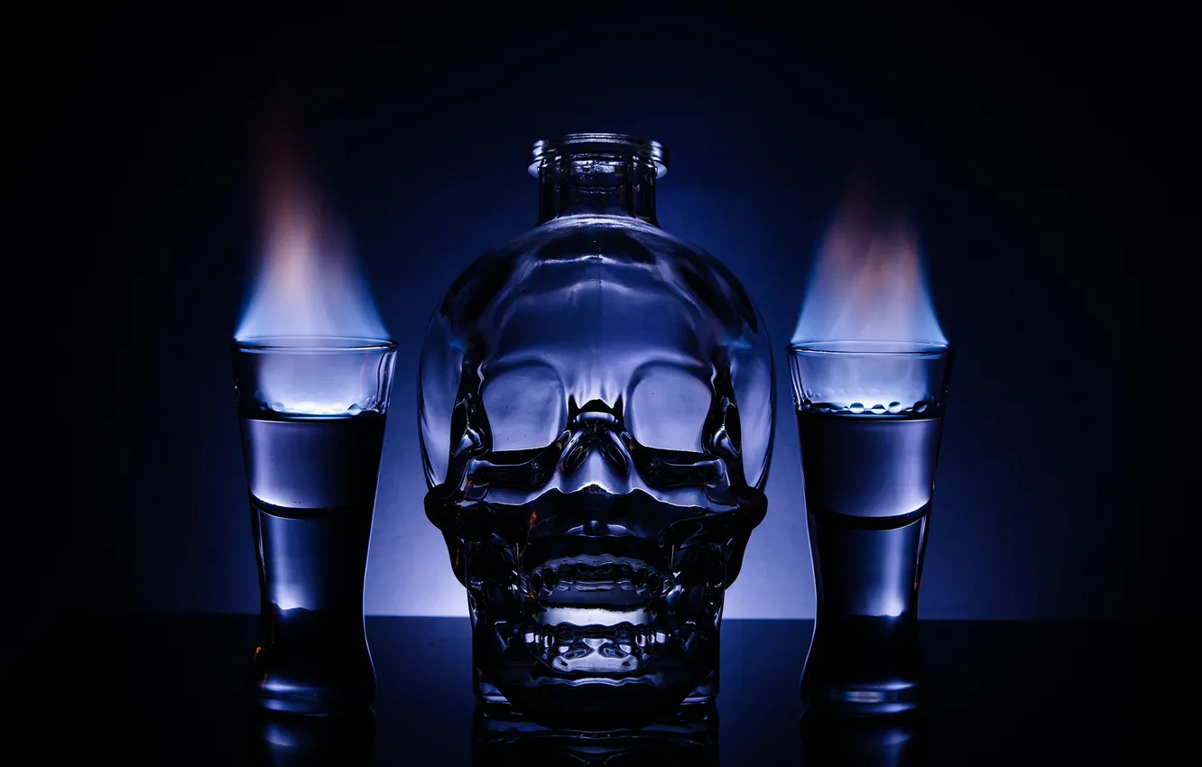 Photo wallpaper flame, skull, bottle, vodka, glasses