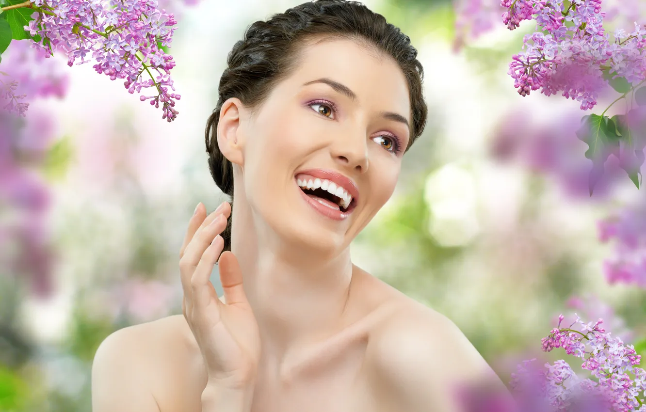 Photo wallpaper leaves, girl, laughter, brown hair, lilac, bokeh, charm, brown-eyed