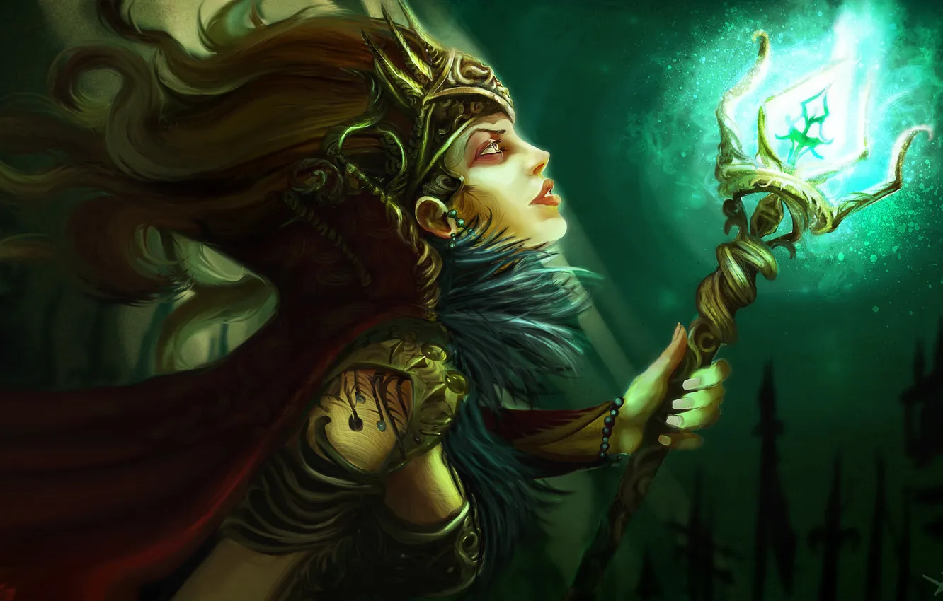 Photo wallpaper face, fiction, magic, art, profile, staff, witch, cloak