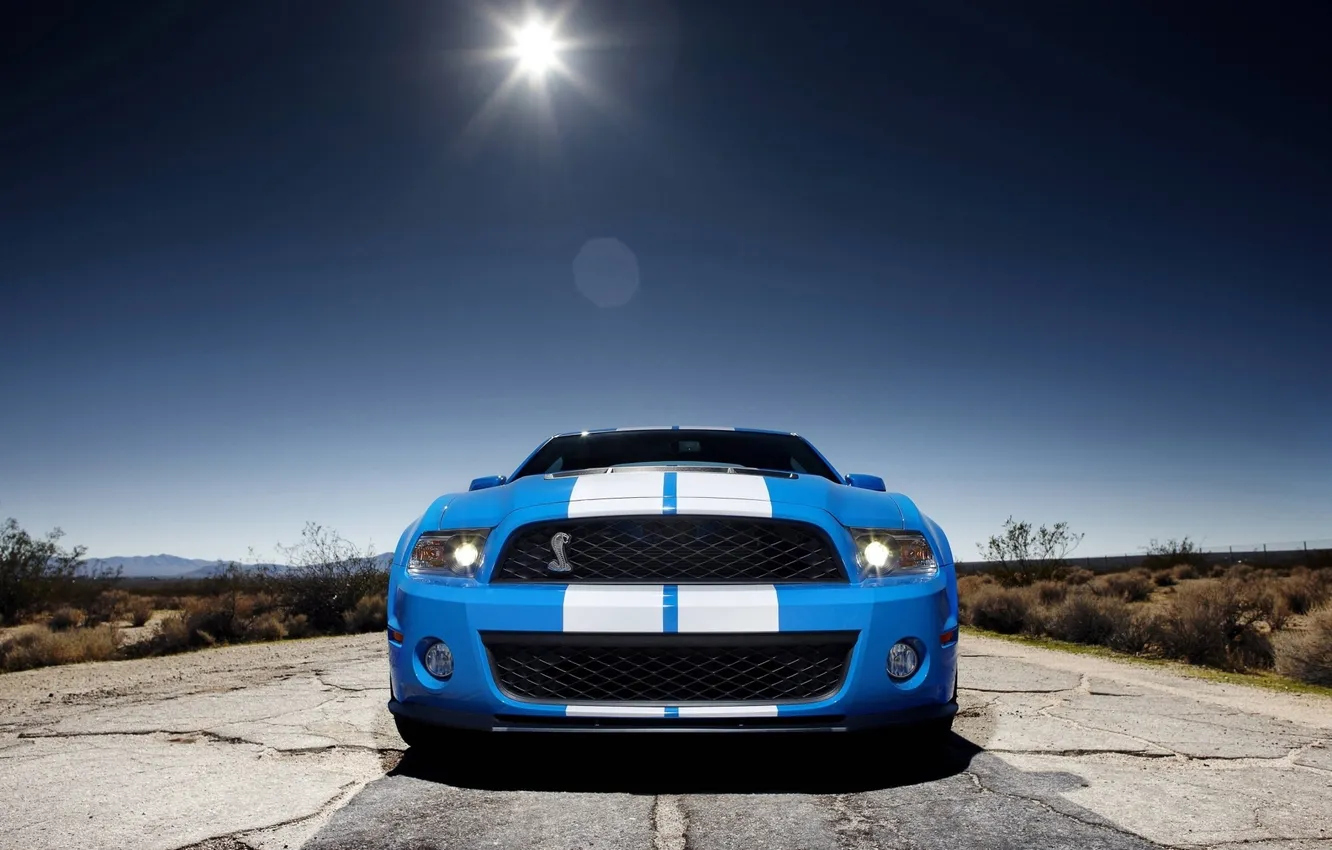 Photo wallpaper road, the sun, strip, the steppe, Mustang, Ford, Shelby, GT500
