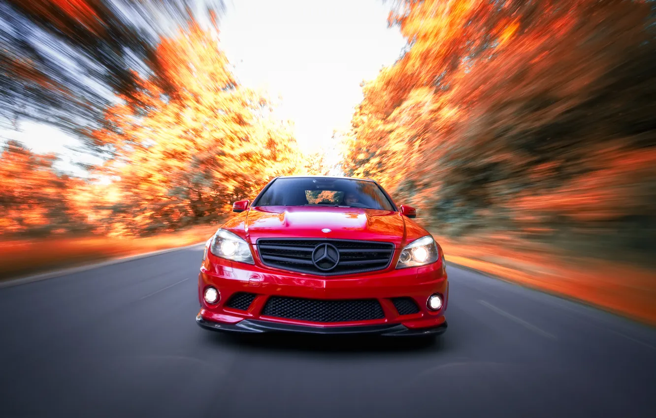 Photo wallpaper road, autumn, Mercedes-Benz, speed, AMG, C63