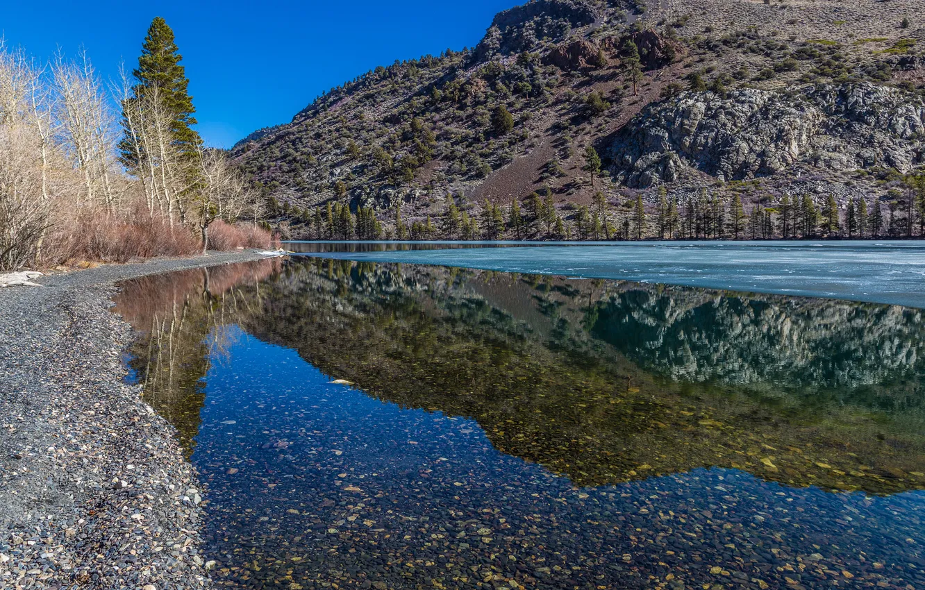 Photo wallpaper autumn, the sky, trees, mountains, lake, reflection