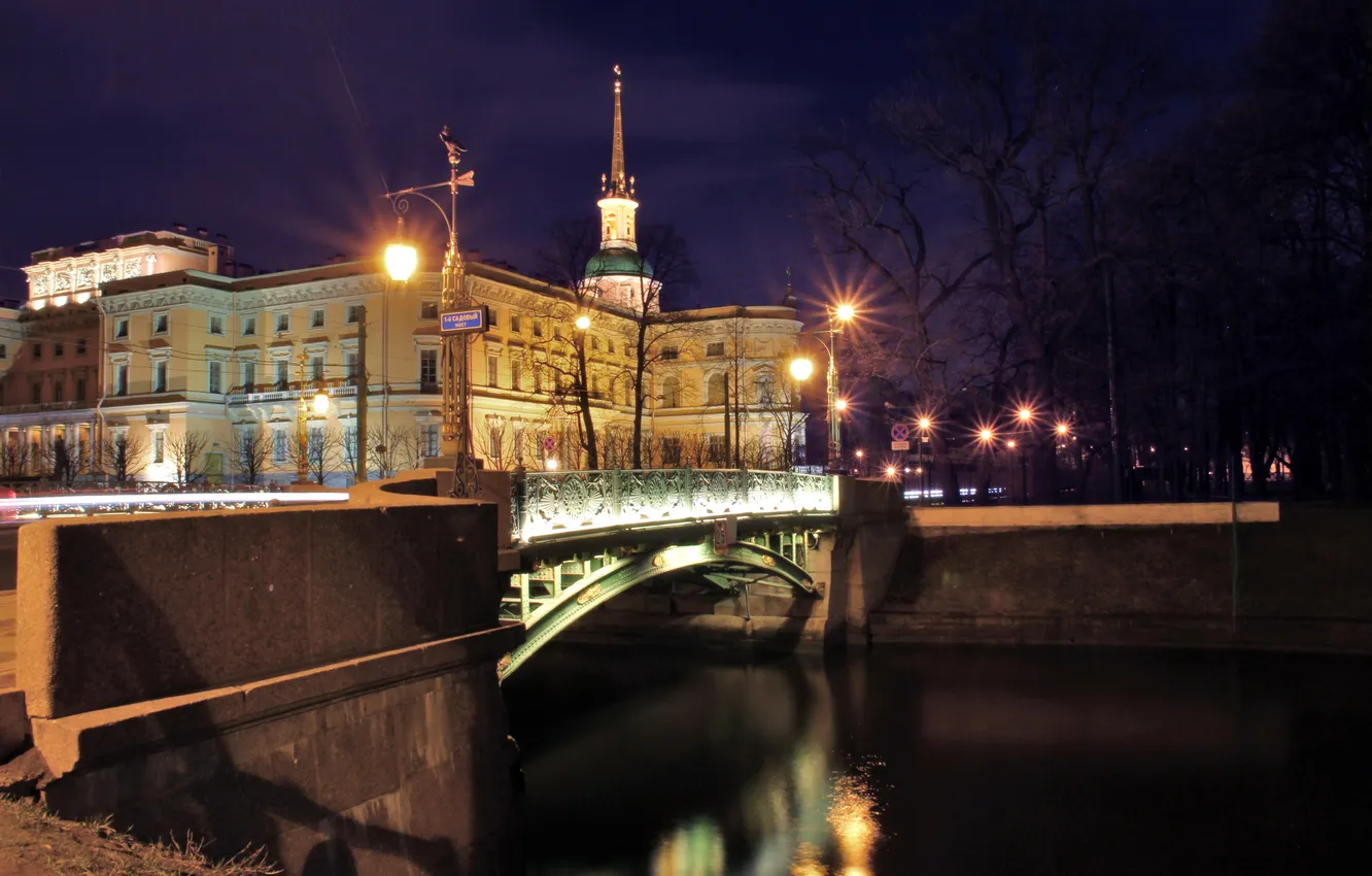 Photo wallpaper night, bridge, lights, the building, lights, Saint Petersburg, channel, Russia