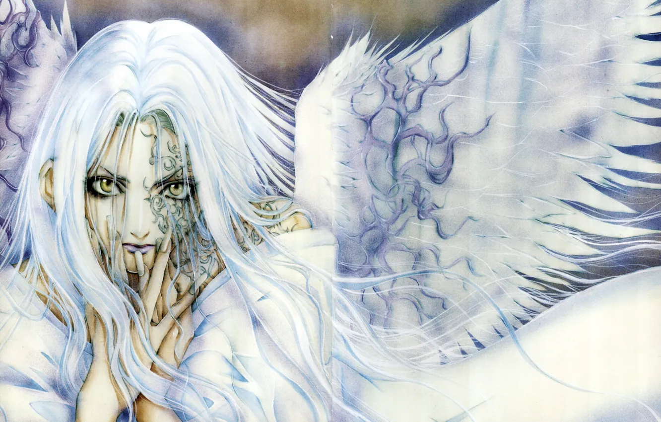 Photo wallpaper face, white wings, angel sanctuary, the abode of the angel, Rosiel, a finger to his …