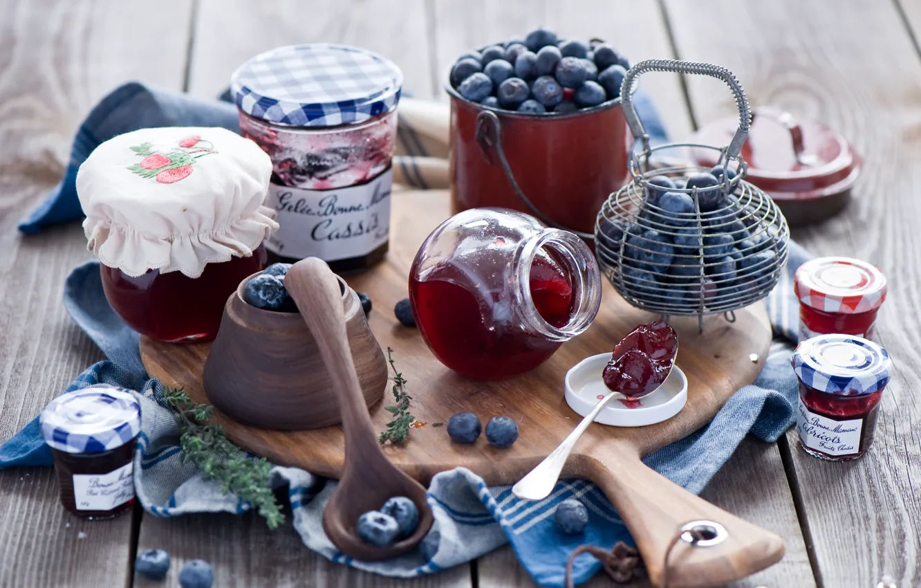 Photo wallpaper berries, Board, blueberries, jars, spoon, Bank, jam, jam