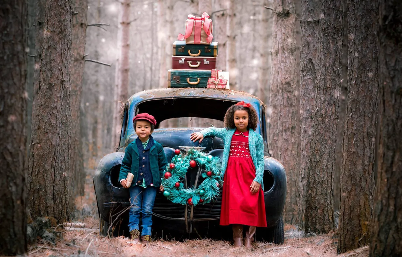 Photo wallpaper machine, forest, trees, children, holiday, boy, girl, gifts