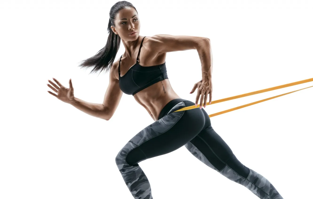 Photo wallpaper girl, feet, hands, fitness, tattoos, muscle, resistance, rubber