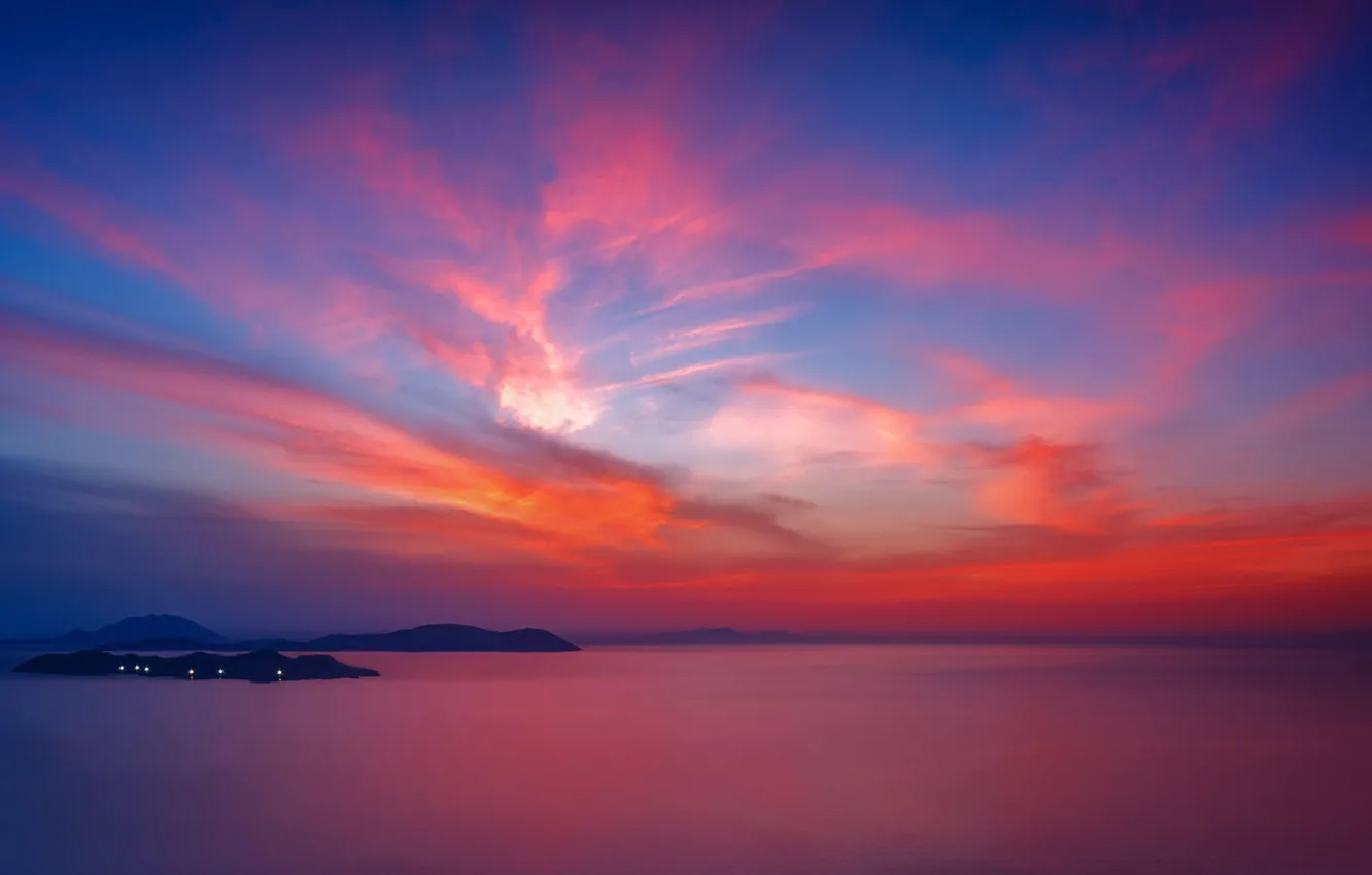 Photo wallpaper Orange, Beautiful, Sun, Sunset, Colors, Greece, Seascape, Rhodes