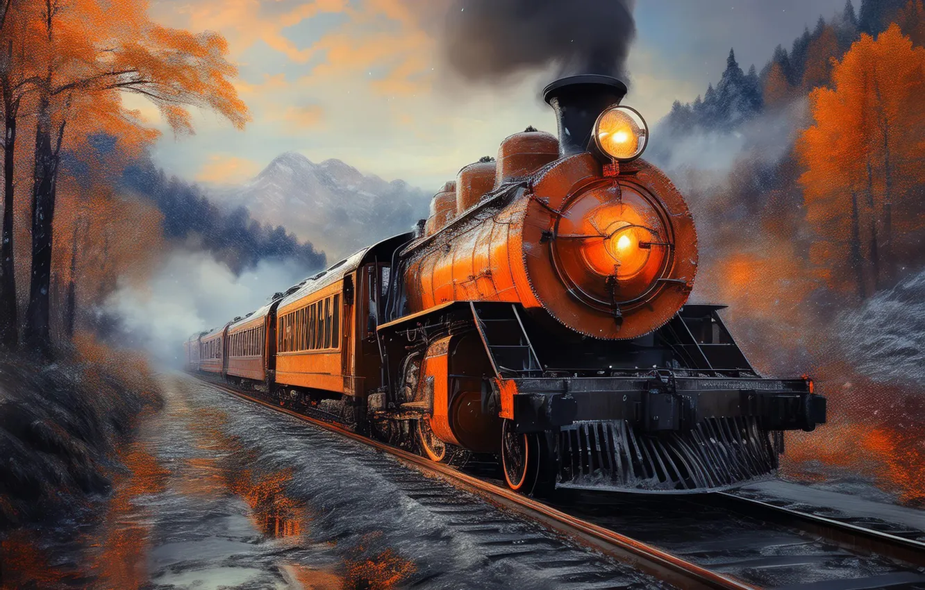 Photo wallpaper autumn, forest, light, trees, mountains, branches, fog, lights