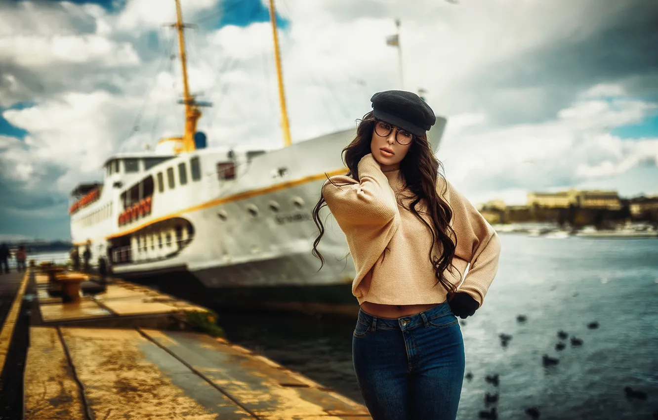 Photo wallpaper pose, model, ship, Marina, portrait, jeans, makeup, figure