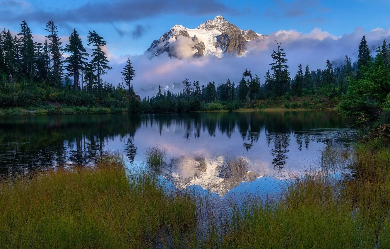 Photo wallpaper grass, clouds, trees, landscape, mountains, nature, reflection, glacier